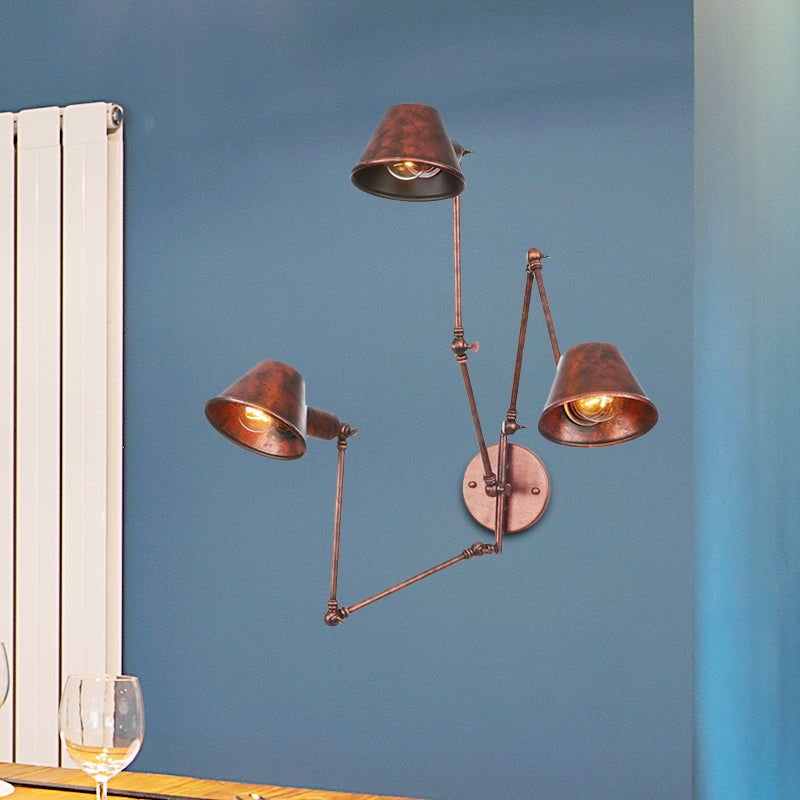 2/3 Bulbs Swing Arm Wall Light Sconce Industrial Rust Finish Metal Wall Mounted Lamp with Cone Shade Clearhalo 'Art deco wall lights' 'Cast Iron' 'Glass' 'Industrial wall lights' 'Industrial' 'Middle century wall lights' 'Modern' 'Rustic wall lights' 'Tiffany' 'Traditional wall lights' 'Wall Lamps & Sconces' 'Wall Lights' Lighting' 603019