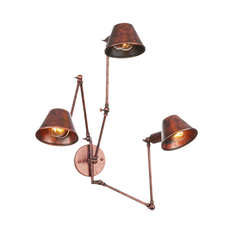 2/3 Bulbs Swing Arm Wall Light Sconce Industrial Rust Finish Metal Wall Mounted Lamp with Cone Shade Clearhalo 'Art deco wall lights' 'Cast Iron' 'Glass' 'Industrial wall lights' 'Industrial' 'Middle century wall lights' 'Modern' 'Rustic wall lights' 'Tiffany' 'Traditional wall lights' 'Wall Lamps & Sconces' 'Wall Lights' Lighting' 603020