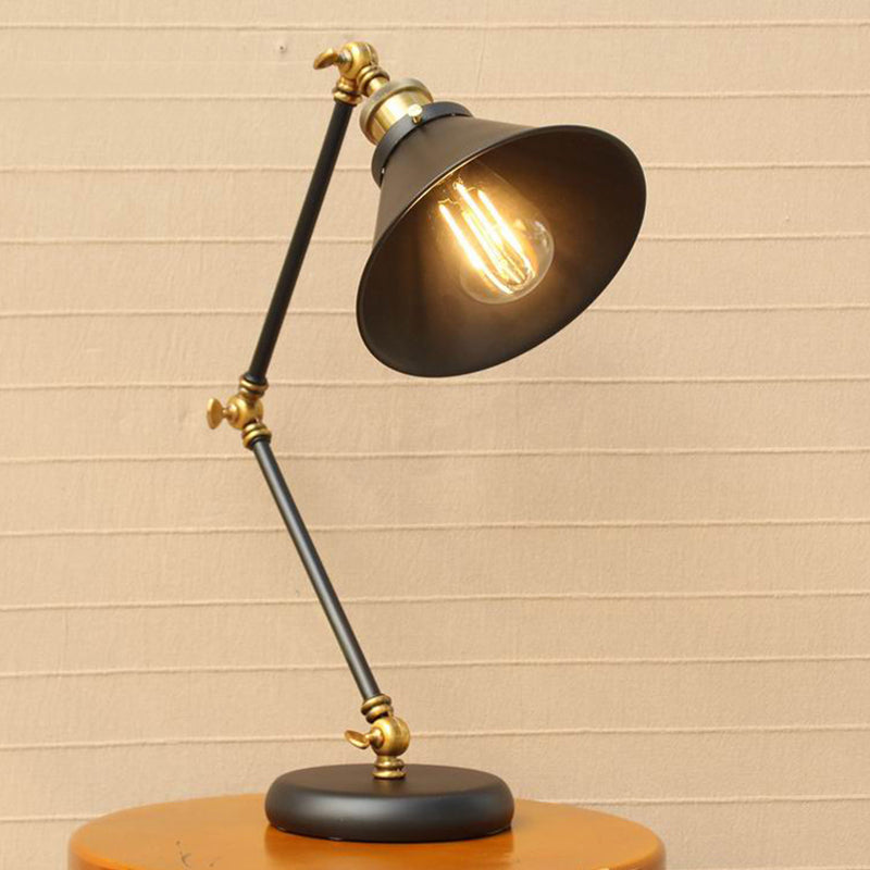 Black/Gold Finish 1 Bulb Desk Light Farmhouse Metallic Swing Arm Nightstand Lamp with Flared Shade Clearhalo 'Lamps' 'Table Lamps' Lighting' 603084