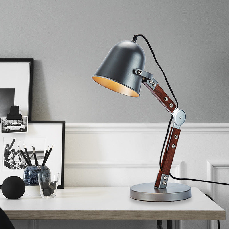 Industrial Bell Table Light 1 Bulb Metallic Plug In Desk Lamp in Black with Swing Wood Arm Black Clearhalo 'Lamps' 'Table Lamps' Lighting' 603104