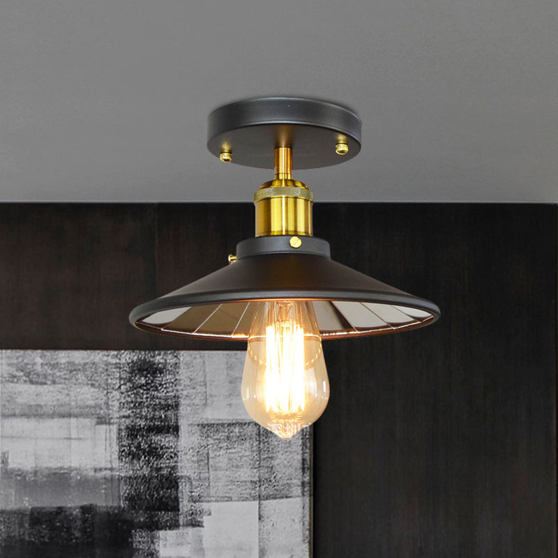 Metal Wide Flare Semi Flush Lighting Industrial 1-Light Study Room Close to Ceiling Lamp in Black Black Clearhalo 'Ceiling Lights' 'Close To Ceiling Lights' 'Close to ceiling' 'Semi-flushmount' Lighting' 603155