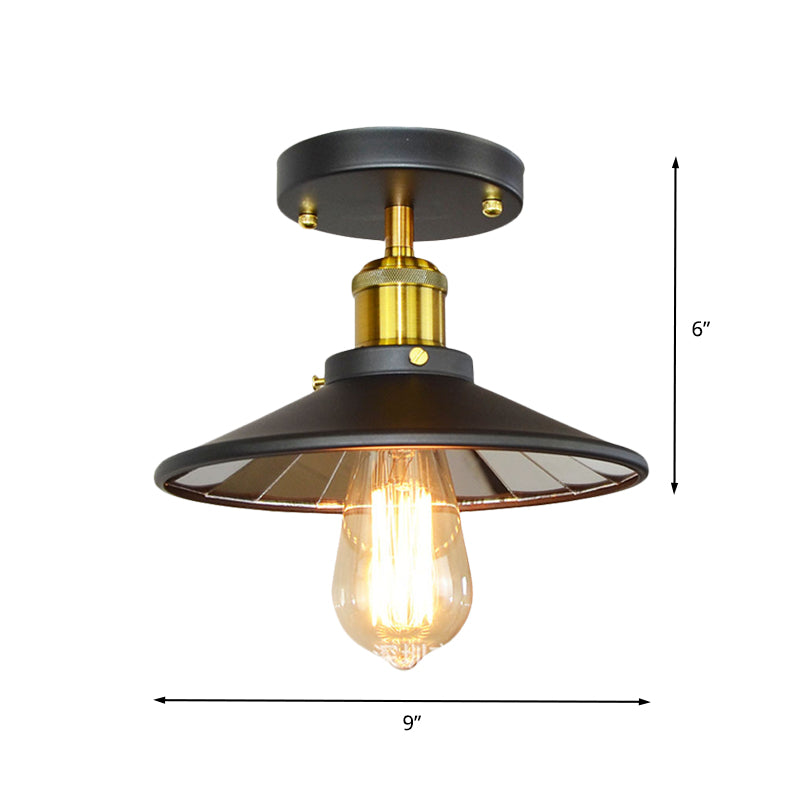 Metal Wide Flare Semi Flush Lighting Industrial 1-Light Study Room Close to Ceiling Lamp in Black Clearhalo 'Ceiling Lights' 'Close To Ceiling Lights' 'Close to ceiling' 'Semi-flushmount' Lighting' 603159