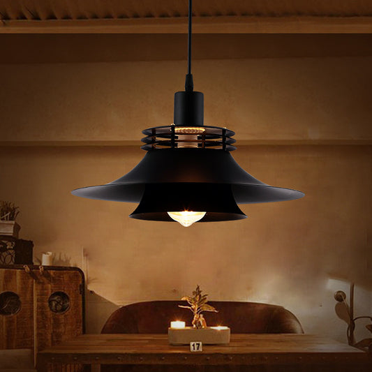 1 Bulb 2-Layer Wide Flare Pendant Countryside Black Iron Ceiling Light for Restaurant, 12.5"/14" Wide Clearhalo 'Art Deco Pendants' 'Black' 'Cast Iron' 'Ceiling Lights' 'Ceramic' 'Crystal' 'Industrial Pendants' 'Industrial' 'Metal' 'Middle Century Pendants' 'Pendant Lights' 'Pendants' 'Rustic Pendants' 'Tiffany' Lighting' 603222