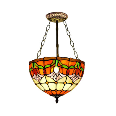 Orange Bowl Pendant Light 12"/16" Width Tiffany Rustic Stained Glass Chandelier for Foyer Orange 12" Clearhalo 'Ceiling Lights' 'Chandeliers' 'Close To Ceiling Lights' 'Close to ceiling' 'Glass shade' 'Glass' 'Semi-flushmount' 'Tiffany close to ceiling' 'Tiffany' Lighting' 60328