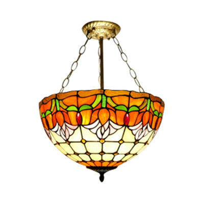 Orange Bowl Pendant Light 12"/16" Width Tiffany Rustic Stained Glass Chandelier for Foyer Orange 16" Clearhalo 'Ceiling Lights' 'Chandeliers' 'Close To Ceiling Lights' 'Close to ceiling' 'Glass shade' 'Glass' 'Semi-flushmount' 'Tiffany close to ceiling' 'Tiffany' Lighting' 60330