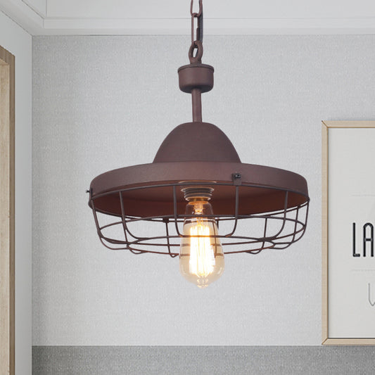 Rust 1 Light Pendant Lighting Antiqued Metal Barn Shade Suspension Lamp with Cage Rust Clearhalo 'Art Deco Pendants' 'Cast Iron' 'Ceiling Lights' 'Ceramic' 'Crystal' 'Industrial Pendants' 'Industrial' 'Metal' 'Middle Century Pendants' 'Pendant Lights' 'Pendants' 'Tiffany' Lighting' 603504