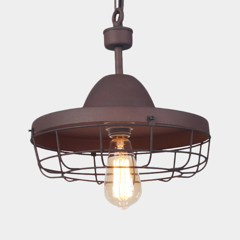 Rust 1 Light Pendant Lighting Antiqued Metal Barn Shade Suspension Lamp with Cage Clearhalo 'Art Deco Pendants' 'Cast Iron' 'Ceiling Lights' 'Ceramic' 'Crystal' 'Industrial Pendants' 'Industrial' 'Metal' 'Middle Century Pendants' 'Pendant Lights' 'Pendants' 'Tiffany' Lighting' 603507