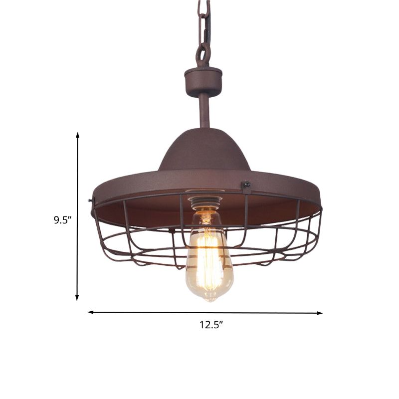 Rust 1 Light Pendant Lighting Antiqued Metal Barn Shade Suspension Lamp with Cage Clearhalo 'Art Deco Pendants' 'Cast Iron' 'Ceiling Lights' 'Ceramic' 'Crystal' 'Industrial Pendants' 'Industrial' 'Metal' 'Middle Century Pendants' 'Pendant Lights' 'Pendants' 'Tiffany' Lighting' 603508