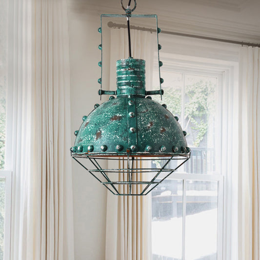 Wire Cage Iron Down Lighting Rustic 1-Head Restaurant Handle Hanging Pendant in Aqua with Domed Shade Aqua Clearhalo 'Art Deco Pendants' 'Cast Iron' 'Ceiling Lights' 'Ceramic' 'Crystal' 'Industrial Pendants' 'Industrial' 'Metal' 'Middle Century Pendants' 'Pendant Lights' 'Pendants' 'Tiffany' Lighting' 603526