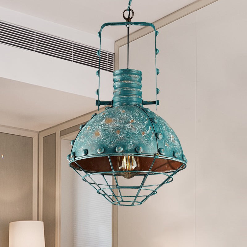 Wire Cage Iron Down Lighting Rustic 1-Head Restaurant Handle Hanging Pendant in Aqua with Domed Shade Clearhalo 'Art Deco Pendants' 'Cast Iron' 'Ceiling Lights' 'Ceramic' 'Crystal' 'Industrial Pendants' 'Industrial' 'Metal' 'Middle Century Pendants' 'Pendant Lights' 'Pendants' 'Tiffany' Lighting' 603527