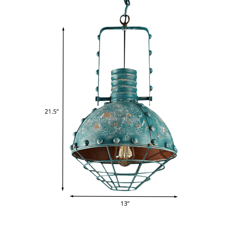 Wire Cage Iron Down Lighting Rustic 1-Head Restaurant Handle Hanging Pendant in Aqua with Domed Shade Clearhalo 'Art Deco Pendants' 'Cast Iron' 'Ceiling Lights' 'Ceramic' 'Crystal' 'Industrial Pendants' 'Industrial' 'Metal' 'Middle Century Pendants' 'Pendant Lights' 'Pendants' 'Tiffany' Lighting' 603530