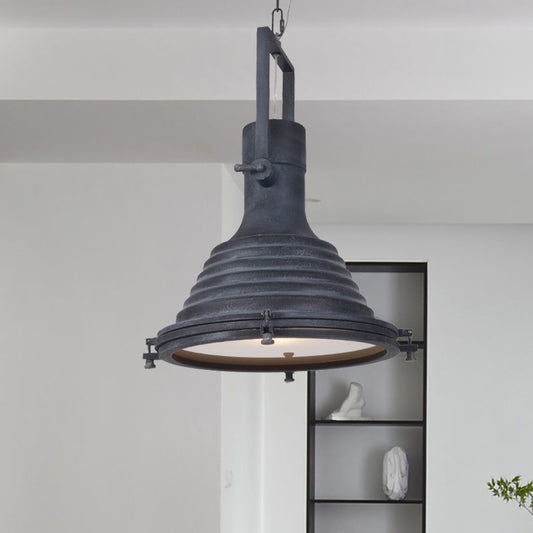 Industrial Ribbed Conical Suspension Light 1 Bulb Metallic Hanging Ceiling Lamp in Black with Handle Black Clearhalo 'Art Deco Pendants' 'Black' 'Cast Iron' 'Ceiling Lights' 'Ceramic' 'Crystal' 'Industrial Pendants' 'Industrial' 'Metal' 'Middle Century Pendants' 'Pendant Lights' 'Pendants' 'Rustic Pendants' 'Tiffany' Lighting' 603531