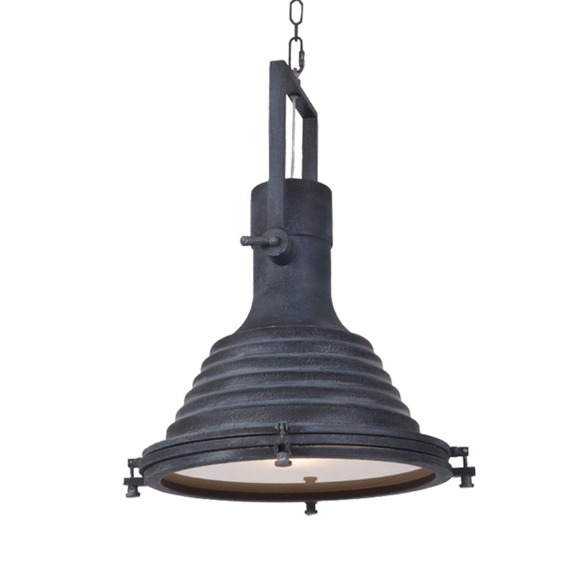 Industrial Ribbed Conical Suspension Light 1 Bulb Metallic Hanging Ceiling Lamp in Black with Handle Clearhalo 'Art Deco Pendants' 'Black' 'Cast Iron' 'Ceiling Lights' 'Ceramic' 'Crystal' 'Industrial Pendants' 'Industrial' 'Metal' 'Middle Century Pendants' 'Pendant Lights' 'Pendants' 'Rustic Pendants' 'Tiffany' Lighting' 603533