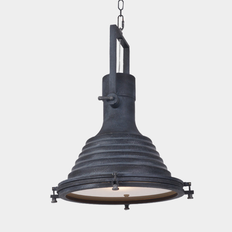 Industrial Ribbed Conical Suspension Light 1 Bulb Metallic Hanging Ceiling Lamp in Black with Handle Clearhalo 'Art Deco Pendants' 'Black' 'Cast Iron' 'Ceiling Lights' 'Ceramic' 'Crystal' 'Industrial Pendants' 'Industrial' 'Metal' 'Middle Century Pendants' 'Pendant Lights' 'Pendants' 'Rustic Pendants' 'Tiffany' Lighting' 603534