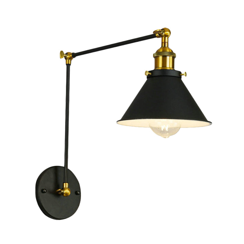 Cone Metal Sconce Vintage 1 Bulb Restaurant Wall Lighting Fixture in Black with Swing Arm Clearhalo 'Art deco wall lights' 'Cast Iron' 'Glass' 'Industrial wall lights' 'Industrial' 'Middle century wall lights' 'Modern' 'Rustic wall lights' 'Tiffany' 'Traditional wall lights' 'Wall Lamps & Sconces' 'Wall Lights' Lighting' 603548