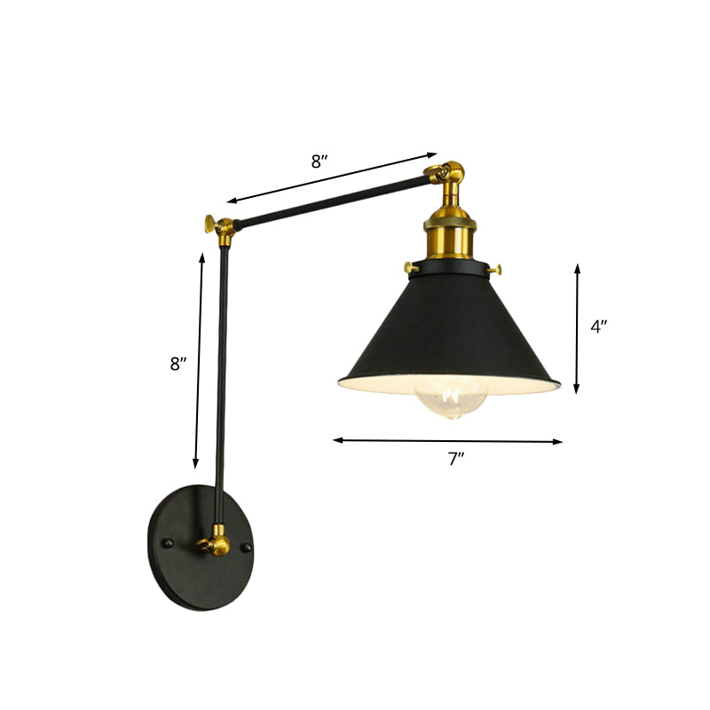 Cone Metal Sconce Vintage 1 Bulb Restaurant Wall Lighting Fixture in Black with Swing Arm Clearhalo 'Art deco wall lights' 'Cast Iron' 'Glass' 'Industrial wall lights' 'Industrial' 'Middle century wall lights' 'Modern' 'Rustic wall lights' 'Tiffany' 'Traditional wall lights' 'Wall Lamps & Sconces' 'Wall Lights' Lighting' 603550