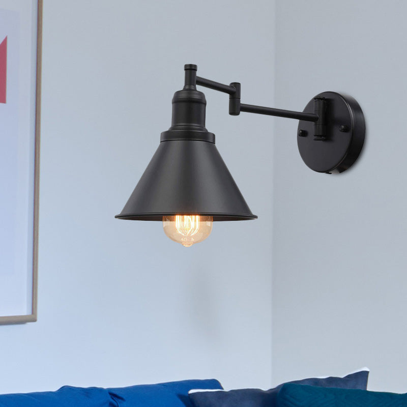 Swing Arm Iron Sconce Lighting Vintage 1 Bulb Coffee Shop Wall Lamp in Black with Conical Shade Black Clearhalo 'Art deco wall lights' 'Cast Iron' 'Glass' 'Industrial wall lights' 'Industrial' 'Middle century wall lights' 'Modern' 'Rustic wall lights' 'Tiffany' 'Traditional wall lights' 'Wall Lamps & Sconces' 'Wall Lights' Lighting' 603574