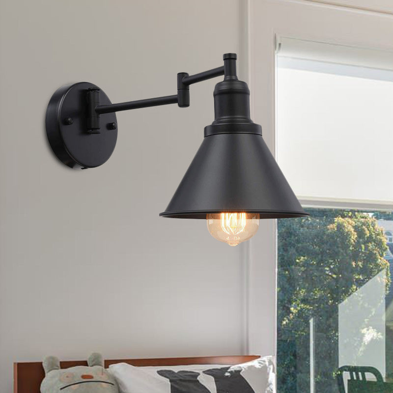Swing Arm Iron Sconce Lighting Vintage 1 Bulb Coffee Shop Wall Lamp in Black with Conical Shade Clearhalo 'Art deco wall lights' 'Cast Iron' 'Glass' 'Industrial wall lights' 'Industrial' 'Middle century wall lights' 'Modern' 'Rustic wall lights' 'Tiffany' 'Traditional wall lights' 'Wall Lamps & Sconces' 'Wall Lights' Lighting' 603575