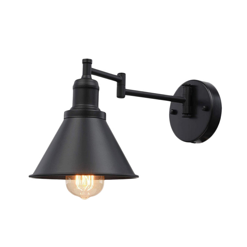 Swing Arm Iron Sconce Lighting Vintage 1 Bulb Coffee Shop Wall Lamp in Black with Conical Shade Clearhalo 'Art deco wall lights' 'Cast Iron' 'Glass' 'Industrial wall lights' 'Industrial' 'Middle century wall lights' 'Modern' 'Rustic wall lights' 'Tiffany' 'Traditional wall lights' 'Wall Lamps & Sconces' 'Wall Lights' Lighting' 603576