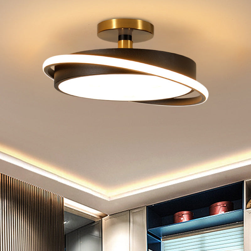 Drum Bedroom Flush Light Fixture Metal 18"/21.5" Dia LED Modernism Semi Flush Lamp in White/Black with Rotatable Ring, White/Warm Light Black Clearhalo 'Ceiling Lights' 'Close To Ceiling Lights' 'Close to ceiling' 'Semi-flushmount' Lighting' 603634