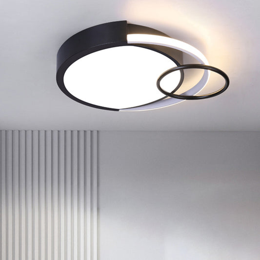 Drum and Ring Bedroom Flush Mount Metal 19"/23" W LED Modernist Flush Ceiling Light Fixture in Black, Warm/White Light Black Clearhalo 'Ceiling Lights' 'Close To Ceiling Lights' 'Close to ceiling' 'Flush mount' Lighting' 603722