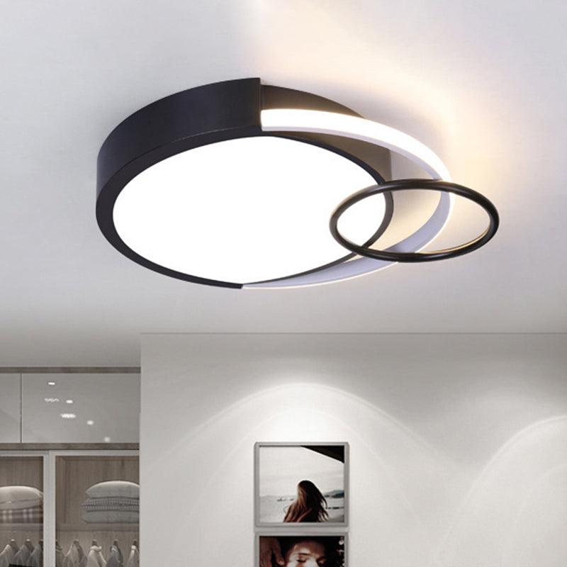 Drum and Ring Bedroom Flush Mount Metal 19"/23" W LED Modernist Flush Ceiling Light Fixture in Black, Warm/White Light Clearhalo 'Ceiling Lights' 'Close To Ceiling Lights' 'Close to ceiling' 'Flush mount' Lighting' 603723