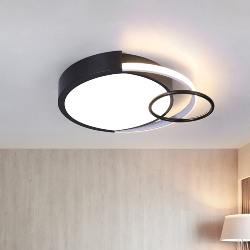 Drum and Ring Bedroom Flush Mount Metal 19"/23" W LED Modernist Flush Ceiling Light Fixture in Black, Warm/White Light Clearhalo 'Ceiling Lights' 'Close To Ceiling Lights' 'Close to ceiling' 'Flush mount' Lighting' 603724