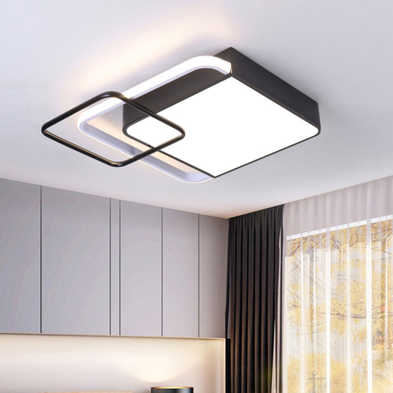 Black Square Flushmount Lighting Contemporary LED Metallic Flush Lamp Fixture in White/Warm Light, 18"/21.5" Wide Black Clearhalo 'Ceiling Lights' 'Close To Ceiling Lights' 'Close to ceiling' 'Flush mount' Lighting' 603738