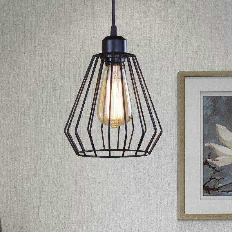 Black/Brass 1 Bulb Ceiling Lighting Warehouse Style Metal Wire Cage Shade Pendant Lamp for Dining Table Black A Clearhalo 'Ceiling Lights' 'Modern Pendants' 'Modern' 'Pendant Lights' 'Pendants' Lighting' 603804