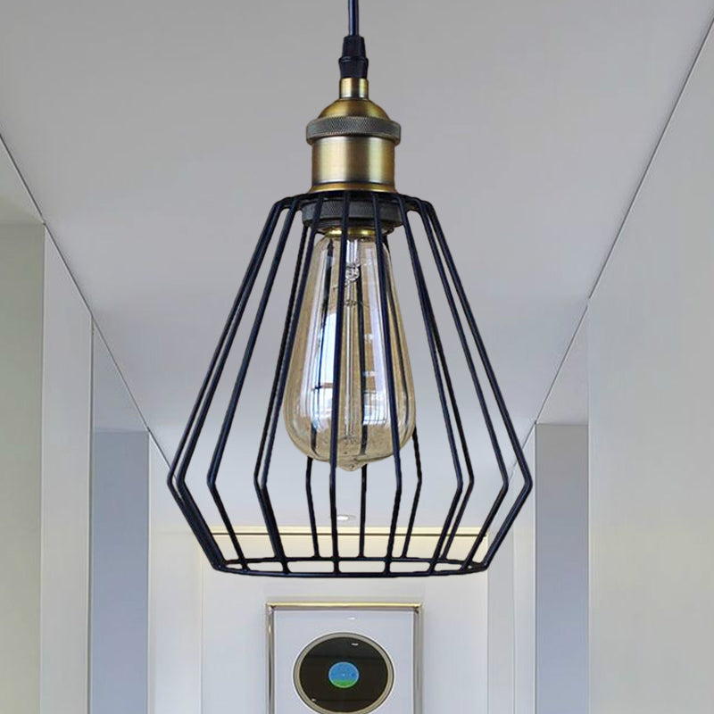 Black/Brass 1 Bulb Ceiling Lighting Warehouse Style Metal Wire Cage Shade Pendant Lamp for Dining Table Black C Clearhalo 'Ceiling Lights' 'Modern Pendants' 'Modern' 'Pendant Lights' 'Pendants' Lighting' 603809