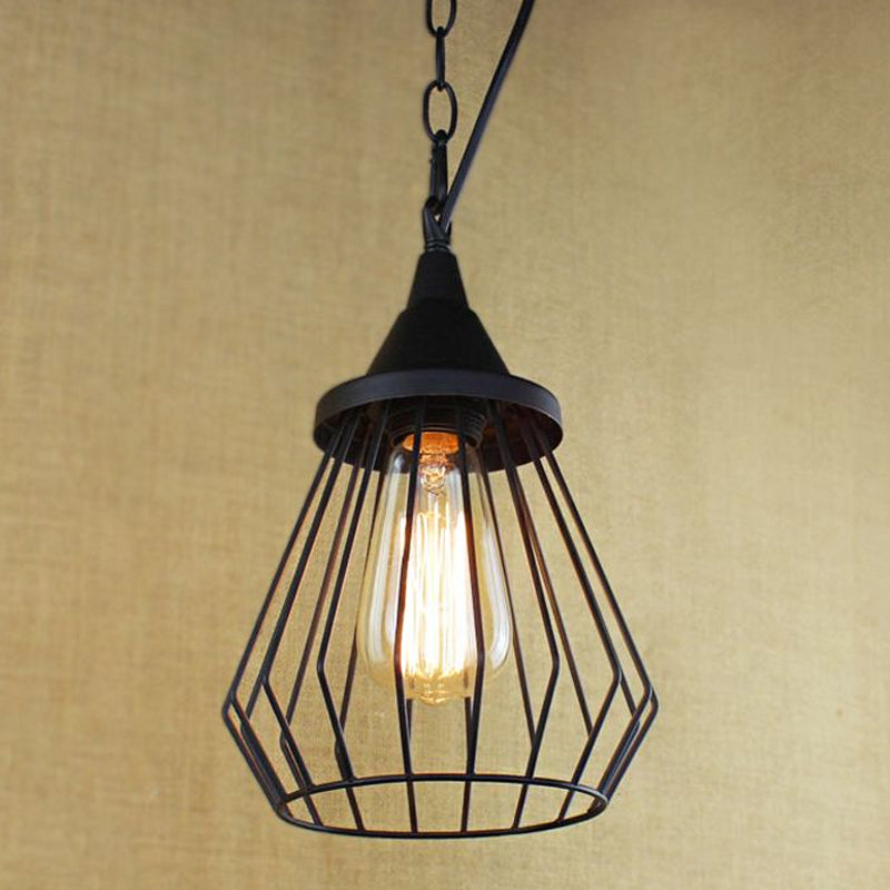 Black/Brass 1 Bulb Ceiling Lighting Warehouse Style Metal Wire Cage Shade Pendant Lamp for Dining Table Black D Clearhalo 'Ceiling Lights' 'Modern Pendants' 'Modern' 'Pendant Lights' 'Pendants' Lighting' 603819