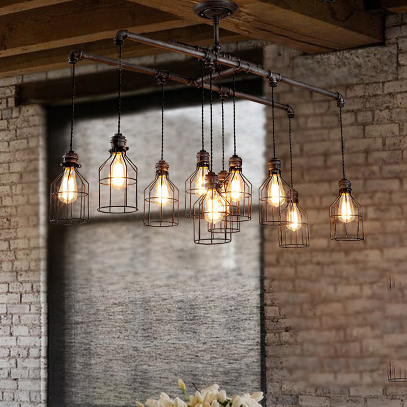 6/10-Bulb Cage Ceiling Pendant Light with Water Pipe Antique Style Bronze Iron Island Lighting for Dining Room 10 Bronze Clearhalo 'Ceiling Lights' 'Island Lights' Lighting' 603824