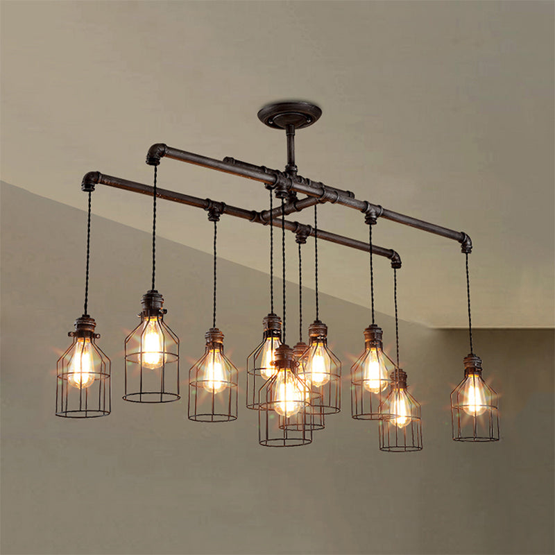 6/10-Bulb Cage Ceiling Pendant Light with Water Pipe Antique Style Bronze Iron Island Lighting for Dining Room Clearhalo 'Ceiling Lights' 'Island Lights' Lighting' 603825