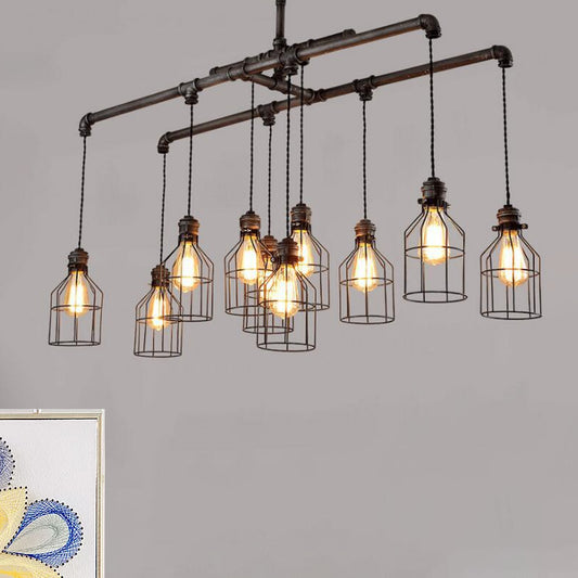 6/10-Bulb Cage Ceiling Pendant Light with Water Pipe Antique Style Bronze Iron Island Lighting for Dining Room Clearhalo 'Ceiling Lights' 'Island Lights' Lighting' 603826