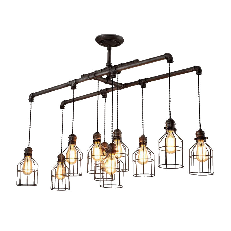 6/10-Bulb Cage Ceiling Pendant Light with Water Pipe Antique Style Bronze Iron Island Lighting for Dining Room Clearhalo 'Ceiling Lights' 'Island Lights' Lighting' 603827