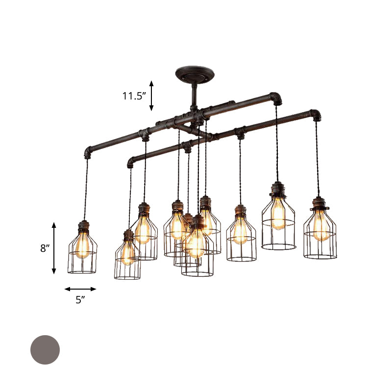 6/10-Bulb Cage Ceiling Pendant Light with Water Pipe Antique Style Bronze Iron Island Lighting for Dining Room Clearhalo 'Ceiling Lights' 'Island Lights' Lighting' 603828