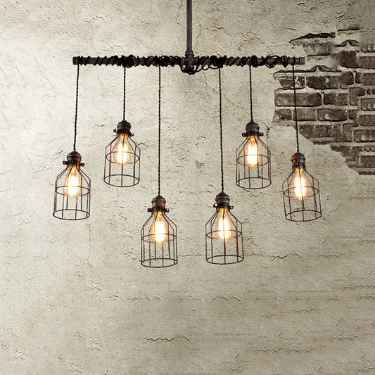 6/10-Bulb Cage Ceiling Pendant Light with Water Pipe Antique Style Bronze Iron Island Lighting for Dining Room Clearhalo 'Ceiling Lights' 'Island Lights' Lighting' 603830