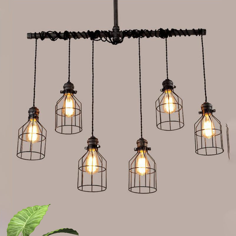 6/10-Bulb Cage Ceiling Pendant Light with Water Pipe Antique Style Bronze Iron Island Lighting for Dining Room Clearhalo 'Ceiling Lights' 'Island Lights' Lighting' 603831