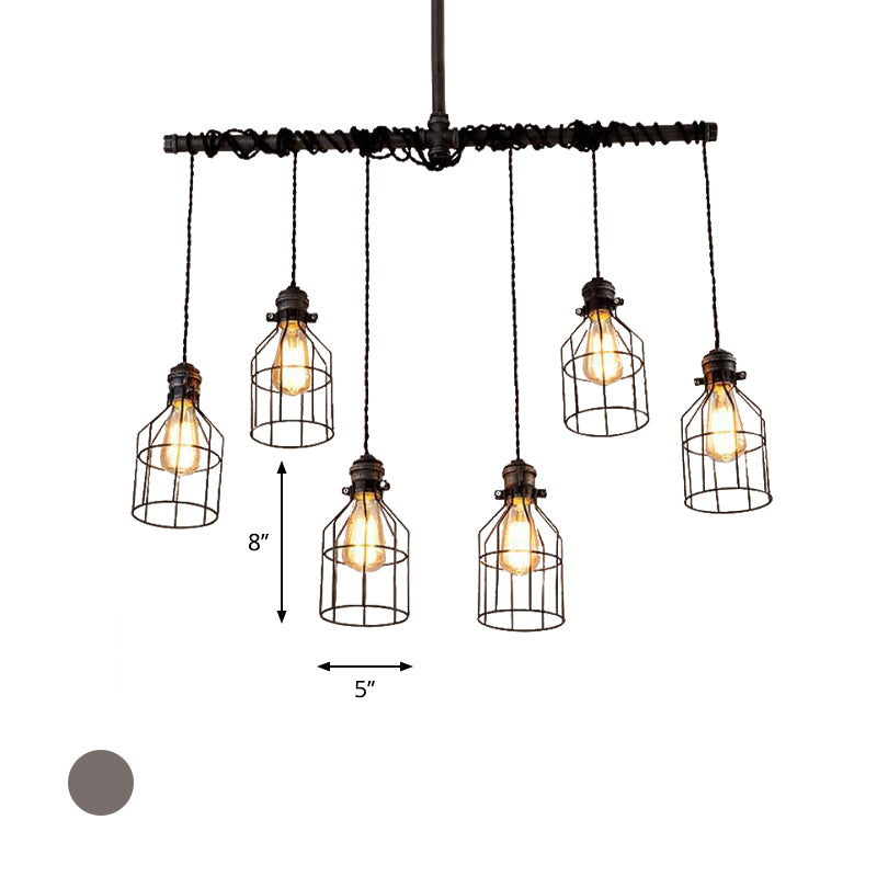 6/10-Bulb Cage Ceiling Pendant Light with Water Pipe Antique Style Bronze Iron Island Lighting for Dining Room Clearhalo 'Ceiling Lights' 'Island Lights' Lighting' 603833