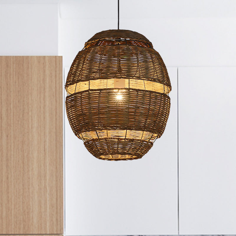 Oval Shade Pendant Lamp Lodge Stylish Rattan 1 Bulb Brown Hanging Light Fixture for Restaurant, 14"/18" Diameter Clearhalo 'Ceiling Lights' 'Pendant Lights' 'Pendants' Lighting' 603864