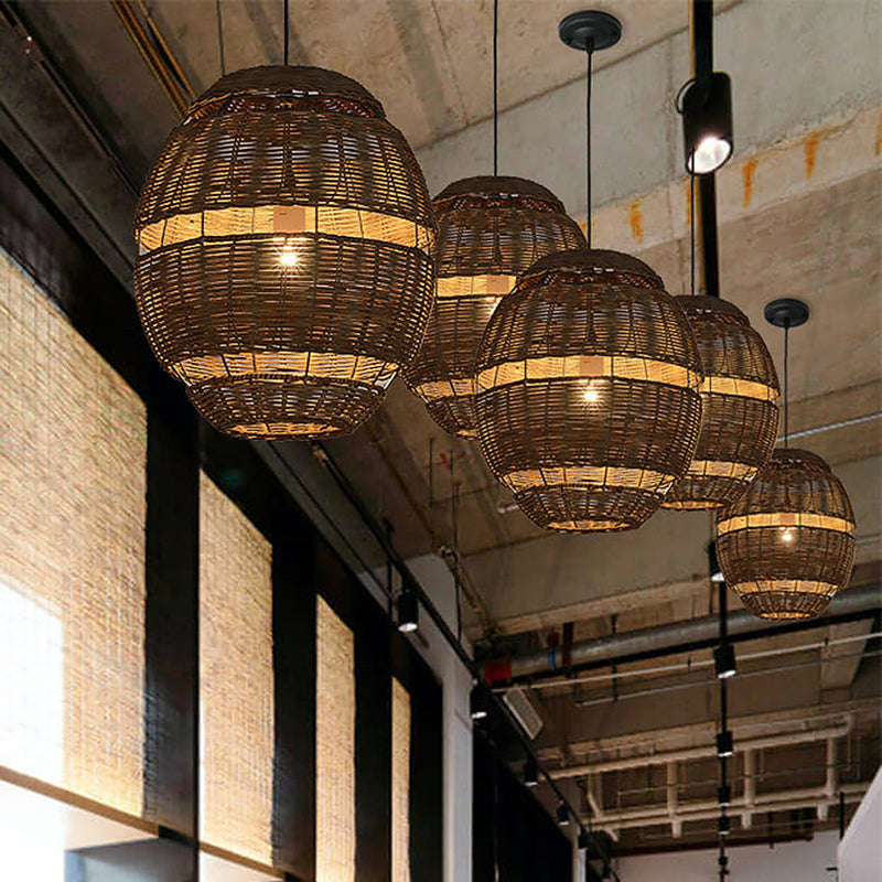 Oval Shade Pendant Lamp Lodge Stylish Rattan 1 Bulb Brown Hanging Light Fixture for Restaurant, 14"/18" Diameter Clearhalo 'Ceiling Lights' 'Pendant Lights' 'Pendants' Lighting' 603865