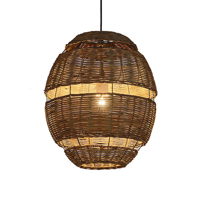 Oval Shade Pendant Lamp Lodge Stylish Rattan 1 Bulb Brown Hanging Light Fixture for Restaurant, 14"/18" Diameter Clearhalo 'Ceiling Lights' 'Pendant Lights' 'Pendants' Lighting' 603866