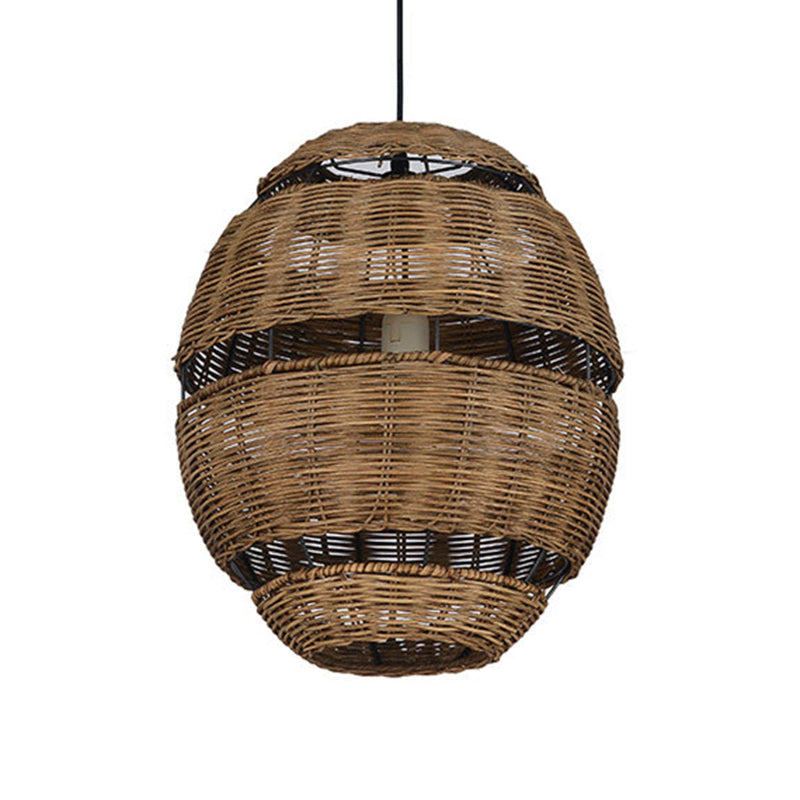 Oval Shade Pendant Lamp Lodge Stylish Rattan 1 Bulb Brown Hanging Light Fixture for Restaurant, 14"/18" Diameter Clearhalo 'Ceiling Lights' 'Pendant Lights' 'Pendants' Lighting' 603867