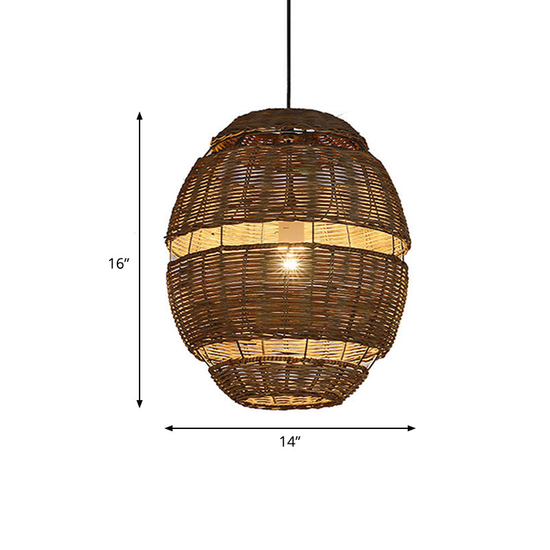 Oval Shade Pendant Lamp Lodge Stylish Rattan 1 Bulb Brown Hanging Light Fixture for Restaurant, 14"/18" Diameter Clearhalo 'Ceiling Lights' 'Pendant Lights' 'Pendants' Lighting' 603868