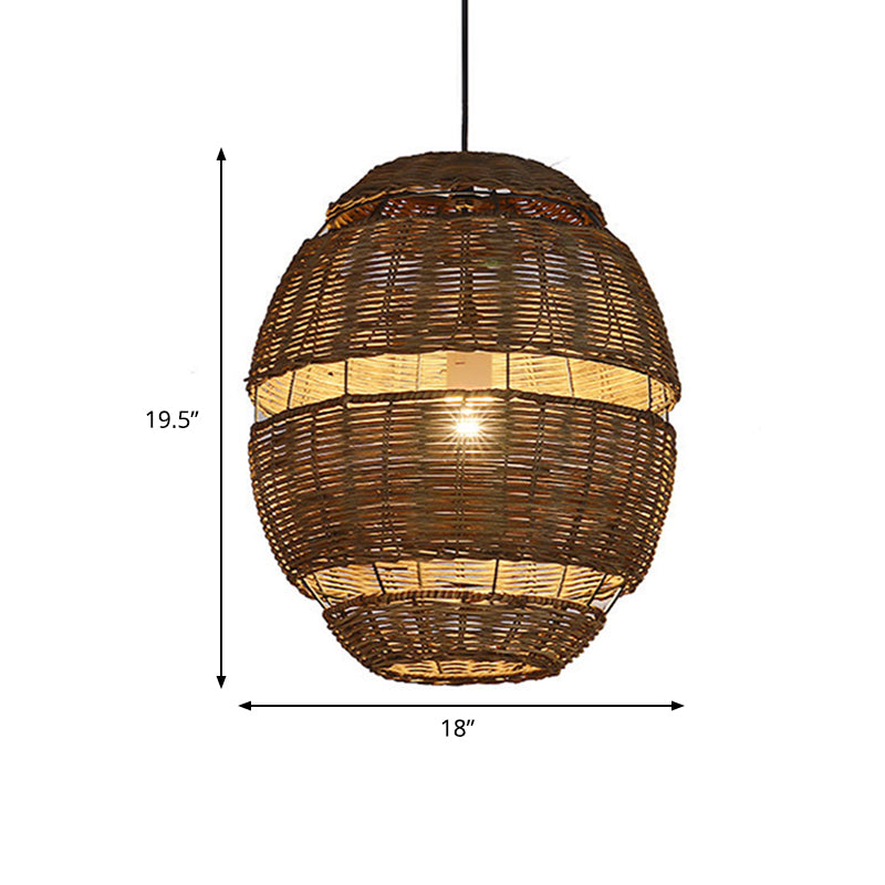 Oval Shade Pendant Lamp Lodge Stylish Rattan 1 Bulb Brown Hanging Light Fixture for Restaurant, 14"/18" Diameter Clearhalo 'Ceiling Lights' 'Pendant Lights' 'Pendants' Lighting' 603869