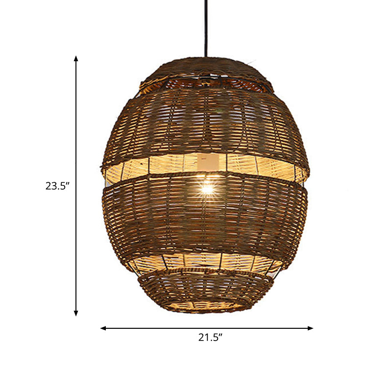 Oval Shade Pendant Lamp Lodge Stylish Rattan 1 Bulb Brown Hanging Light Fixture for Restaurant, 14"/18" Diameter Clearhalo 'Ceiling Lights' 'Pendant Lights' 'Pendants' Lighting' 603870