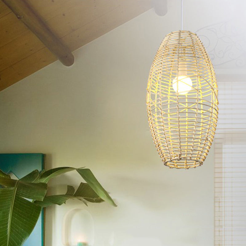 Beige/Brown Ellipse Hanging Pendant Rustic Woven Rattan 1-Light Suspended Lamp for Restaurant Cafe Beige Clearhalo 'Ceiling Lights' 'Pendant Lights' 'Pendants' Lighting' 603906_f6c8f23e-165e-46a5-a54a-37e45df98b5f