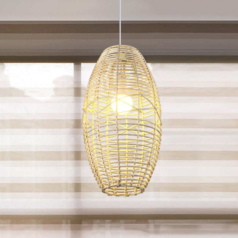 Beige/Brown Ellipse Hanging Pendant Rustic Woven Rattan 1-Light Suspended Lamp for Restaurant Cafe Clearhalo 'Ceiling Lights' 'Pendant Lights' 'Pendants' Lighting' 603907