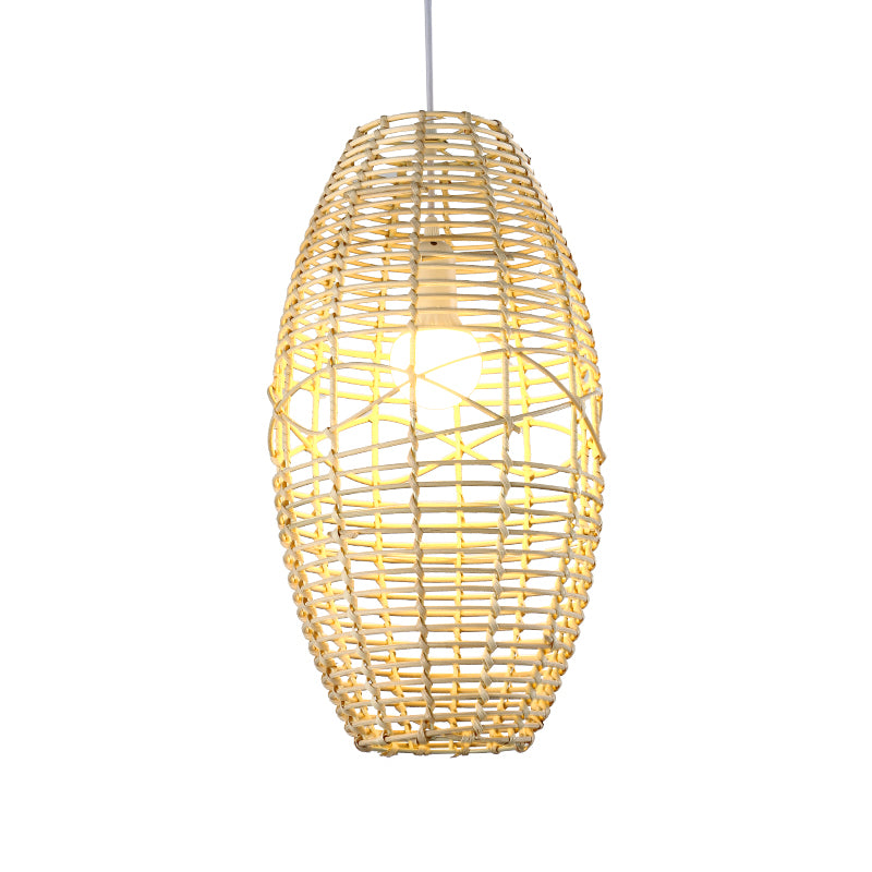 Beige/Brown Ellipse Hanging Pendant Rustic Woven Rattan 1-Light Suspended Lamp for Restaurant Cafe Clearhalo 'Ceiling Lights' 'Pendant Lights' 'Pendants' Lighting' 603908