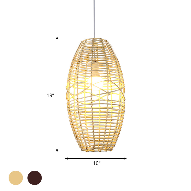 Beige/Brown Ellipse Hanging Pendant Rustic Woven Rattan 1-Light Suspended Lamp for Restaurant Cafe Clearhalo 'Ceiling Lights' 'Pendant Lights' 'Pendants' Lighting' 603910